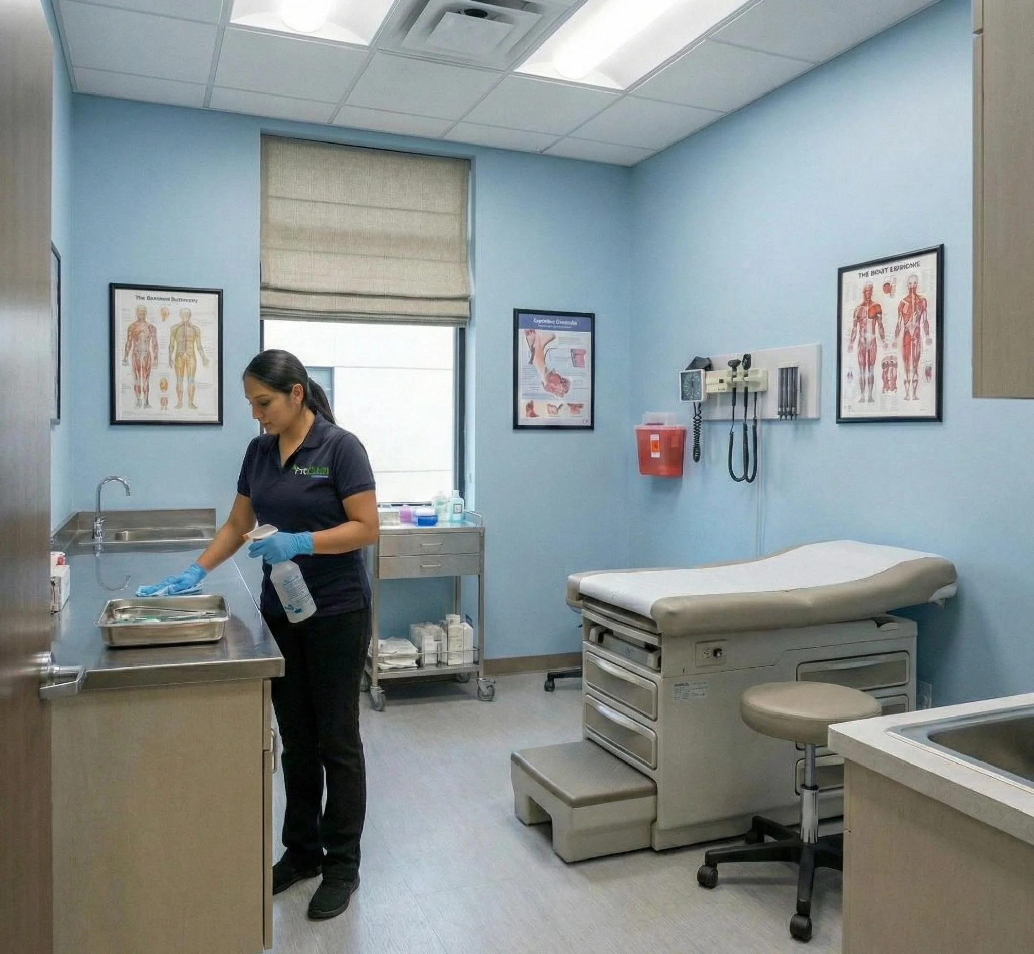 Professional cleaner disinfecting counters and equipment in a medical exam room to maintain healthcare sanitation standards.