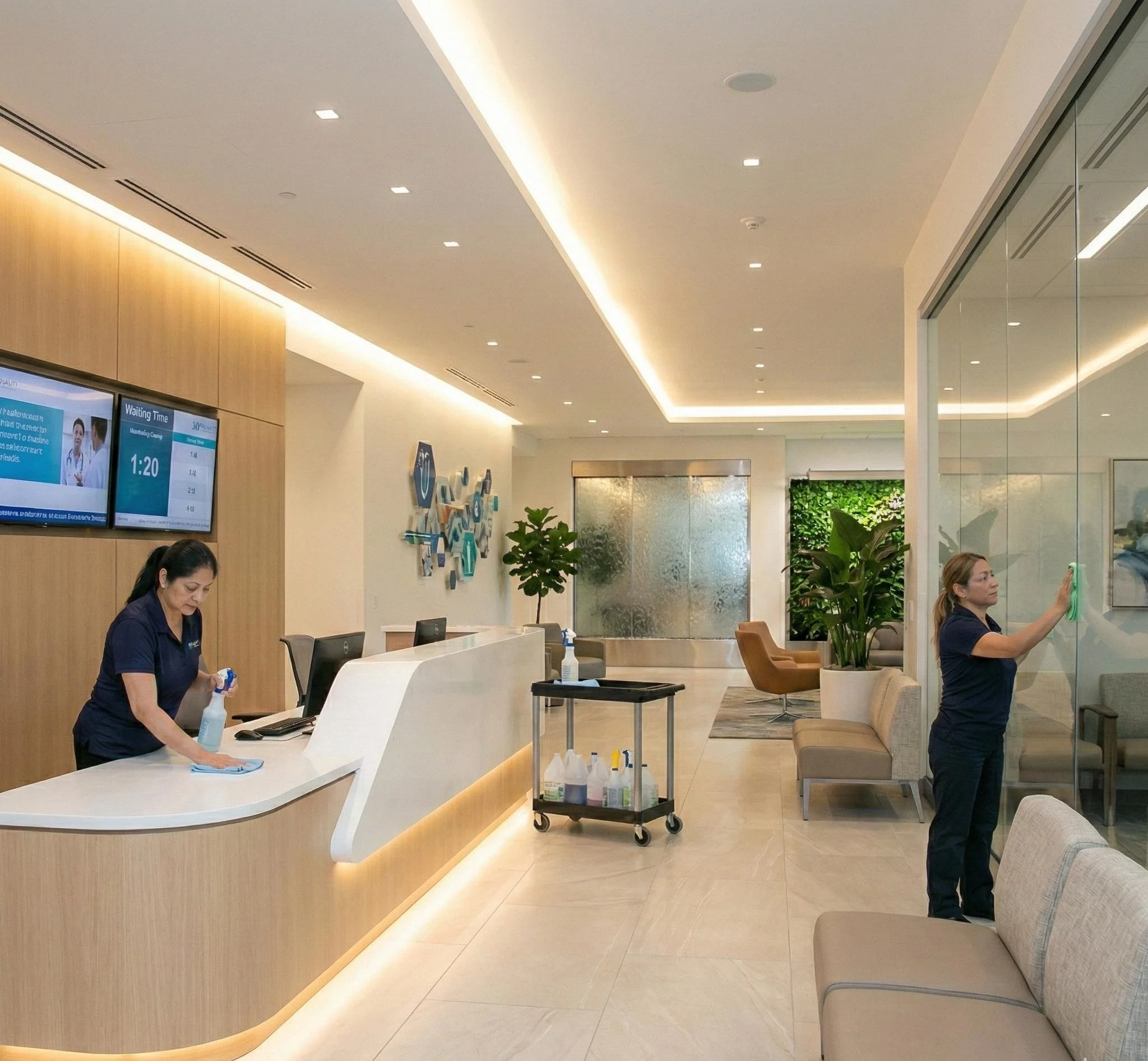 Commercial cleaning team disinfecting surfaces and glass walls in a medical office lobby.