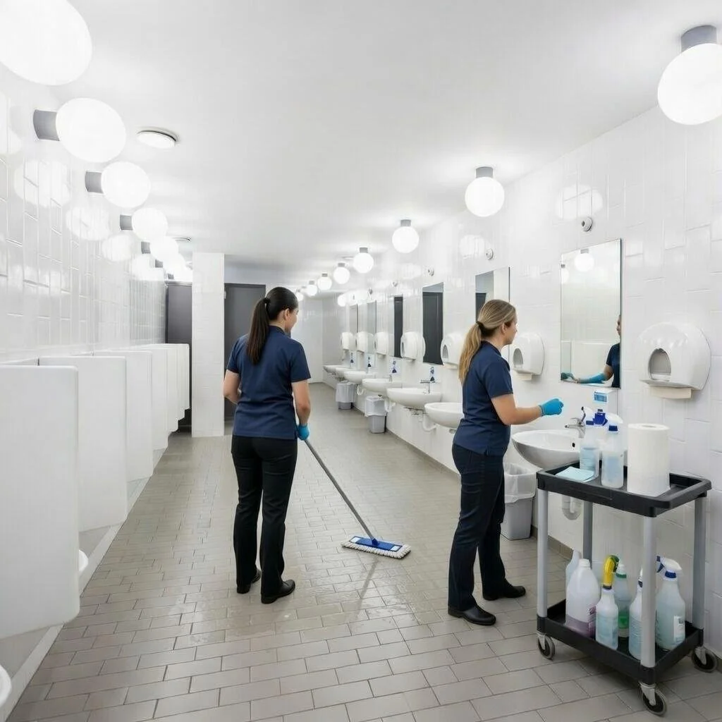 Commercial cleaning staff mopping floors and sanitizing sinks in a large office restroom.