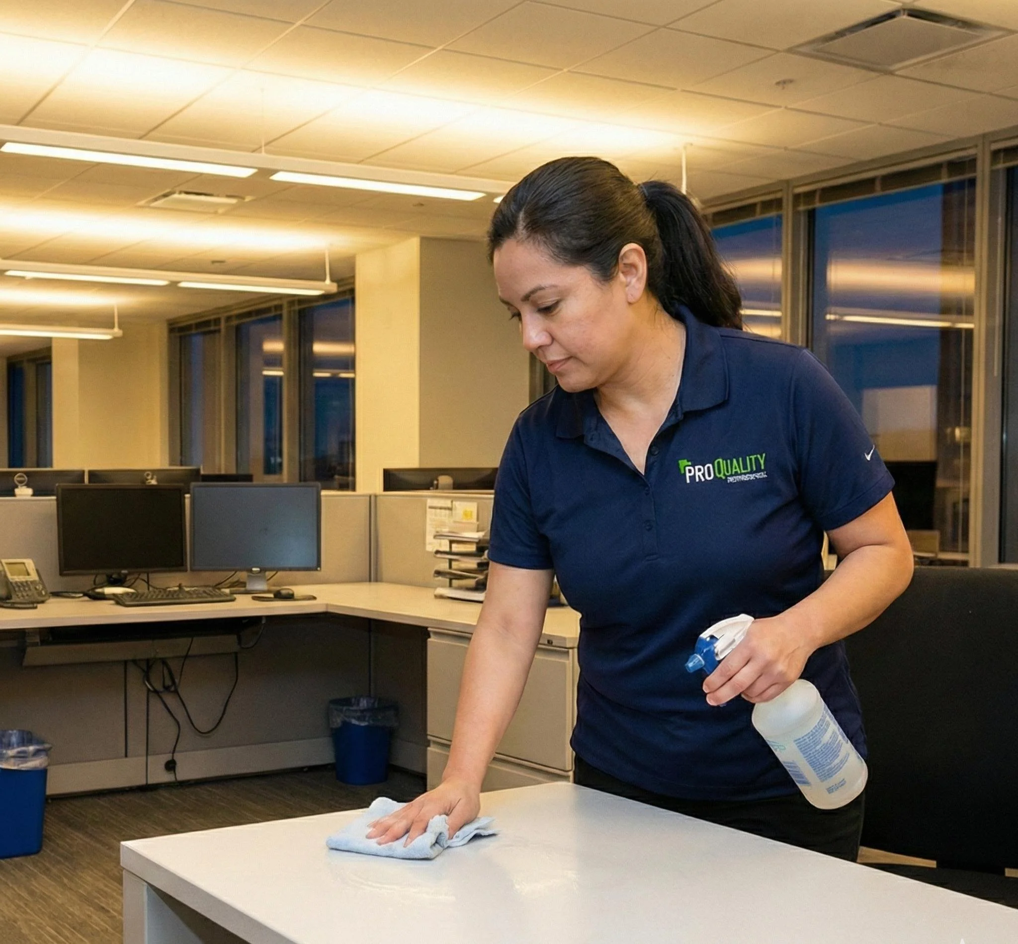 Janitorial professional wiping and disinfecting office desks and workstations in a commercial office.