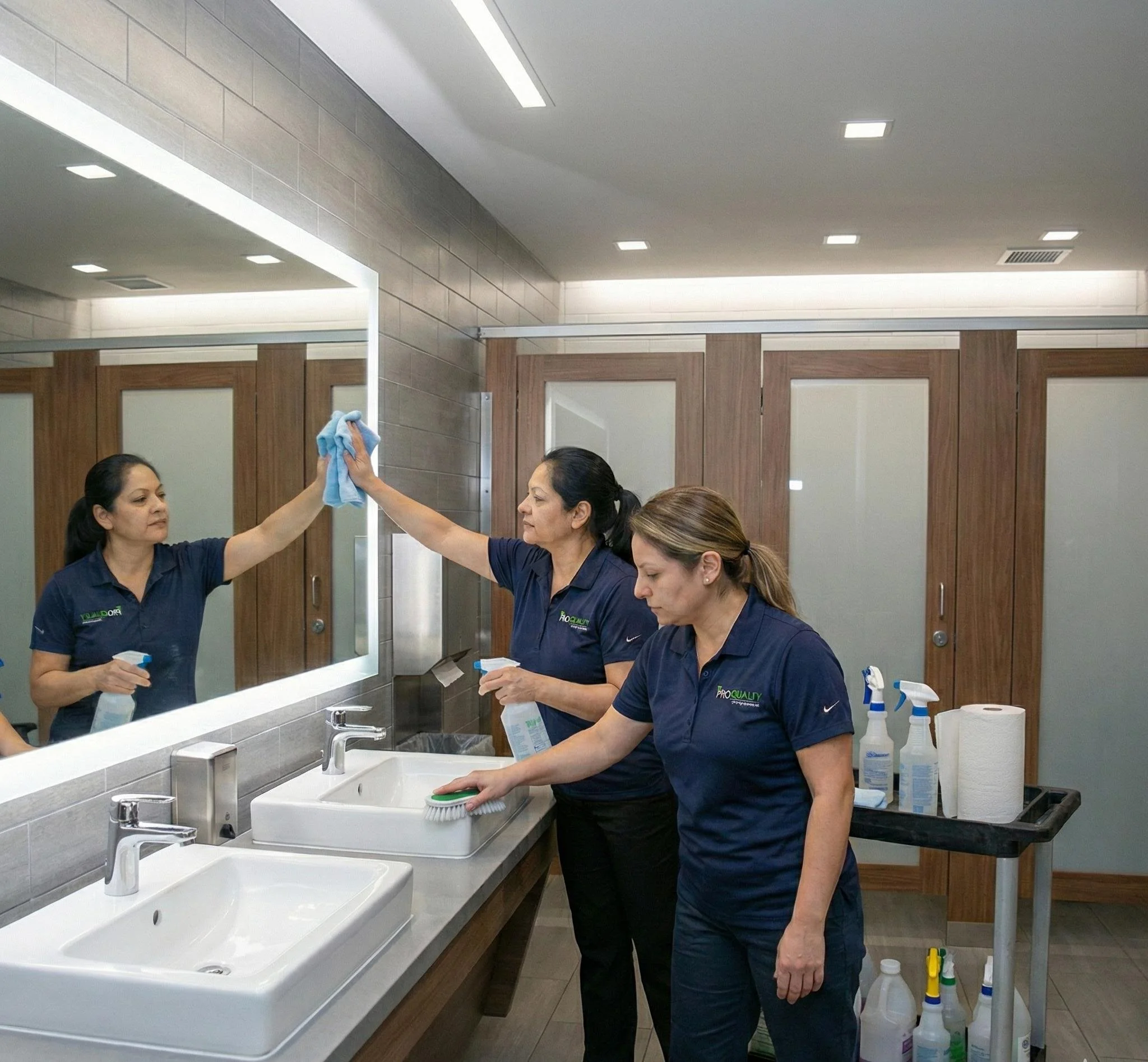 Professional janitorial team cleaning mirrors and sinks in a modern commercial restroom.