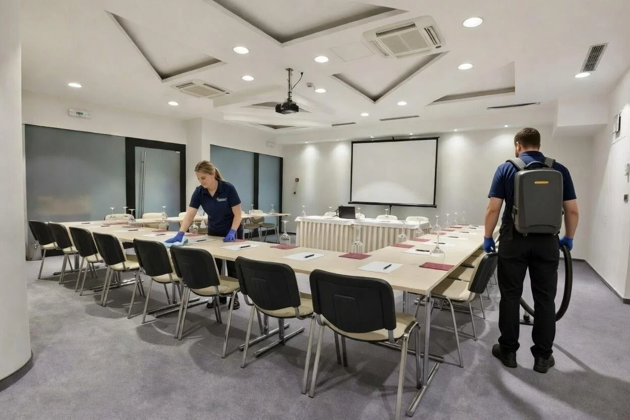 Commercial cleaning staff sanitizing conference room tables and chairs before a meeting at an office building in Lacey Washington.