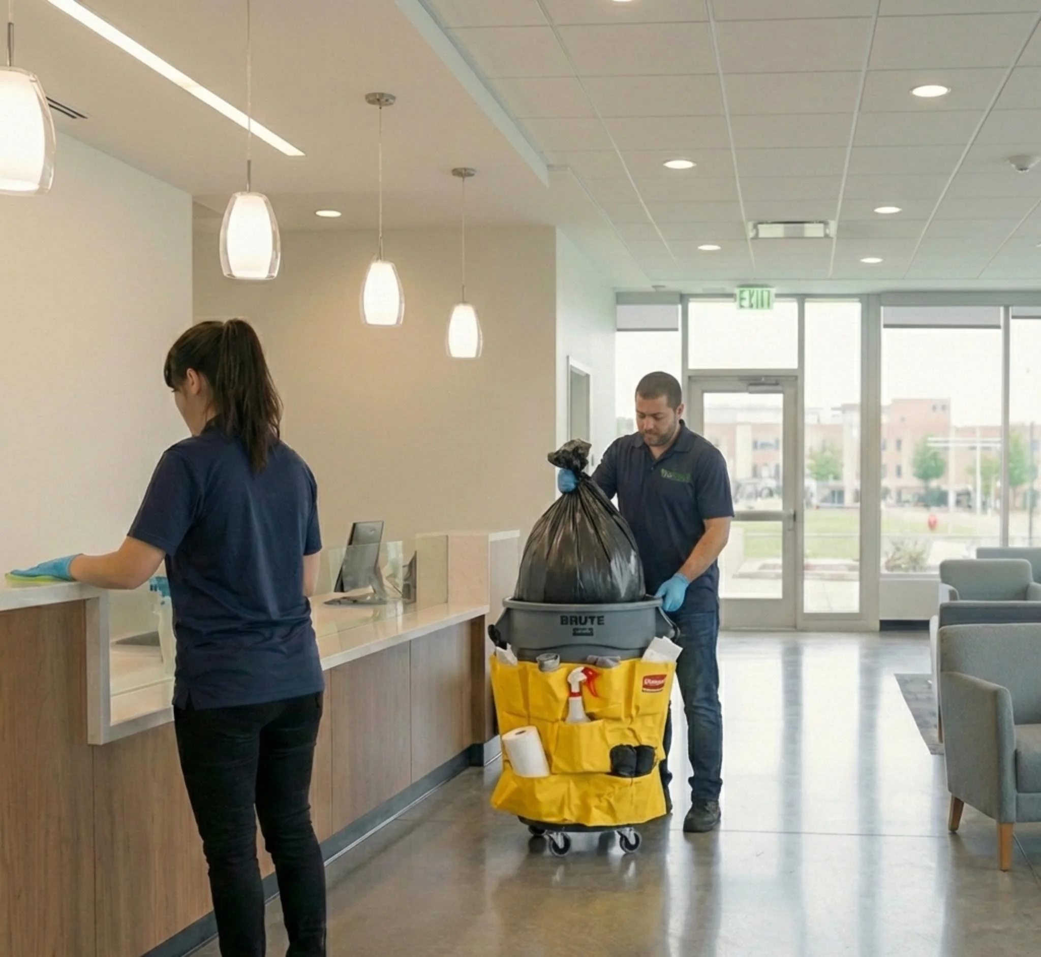 Commercial cleaning team emptying trash and wiping surfaces in a professional office lobby.
