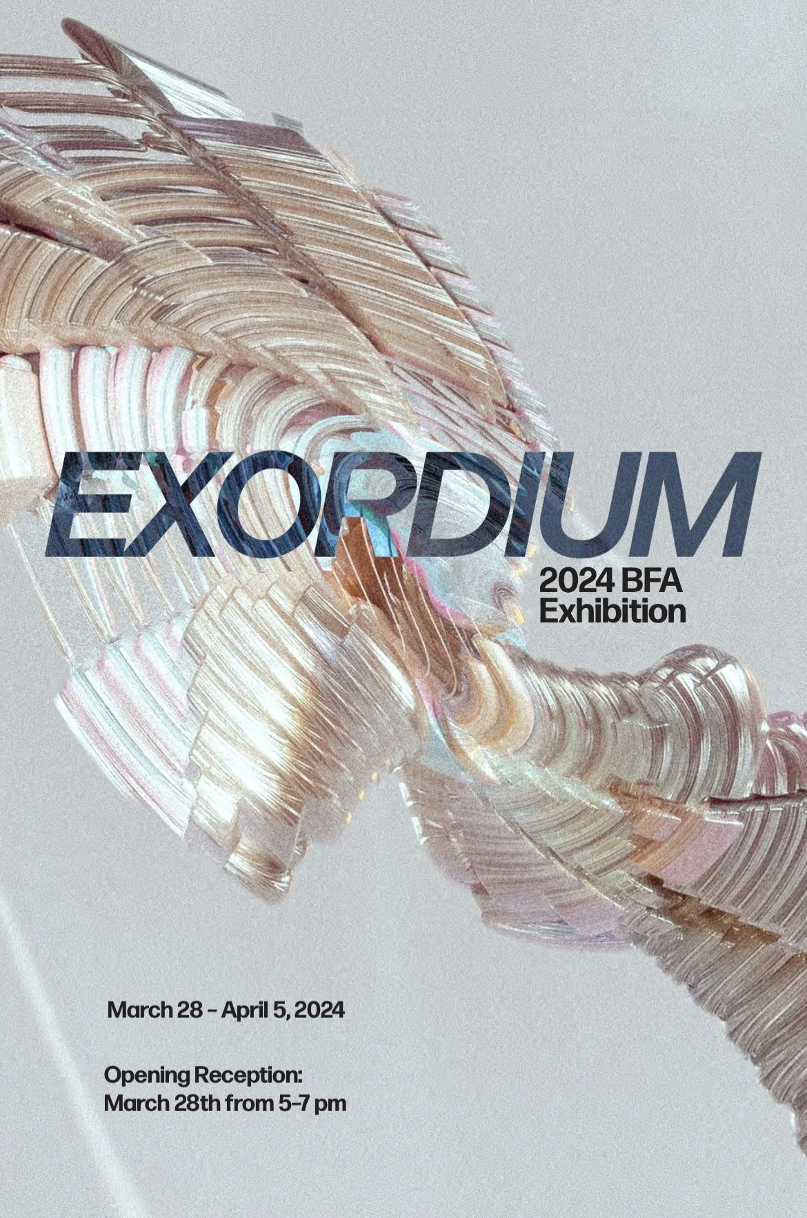Poster for EXOPHIDUM 2024 BFA Exhibition, featuring abstract, metallic, layered artwork, with text displaying dates from March 28 to April 5, 2024, and opening reception details.