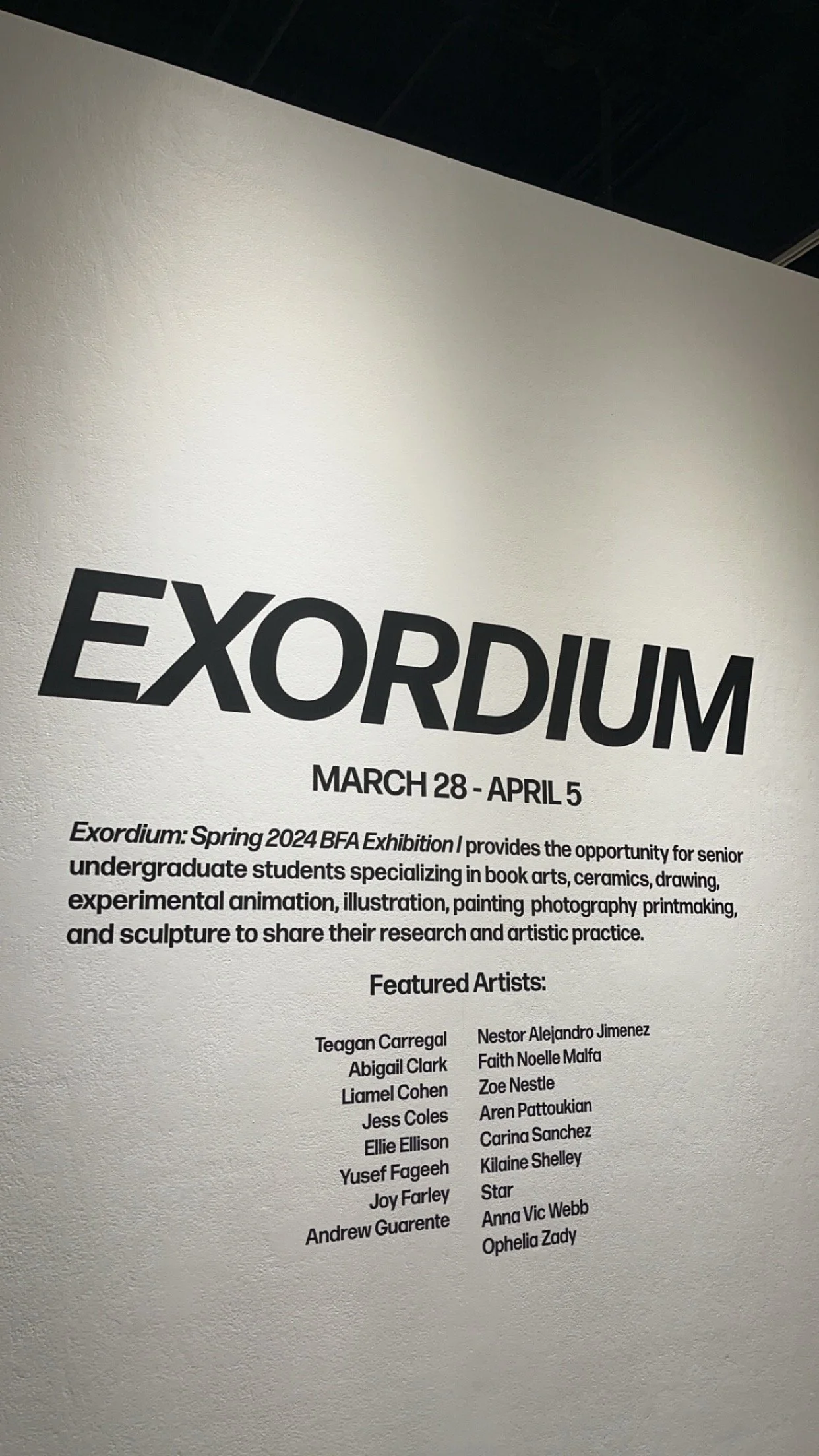 Exordium Spring 2024 BFA art exhibition poster featuring dates, artist names, and an explanation of the event.