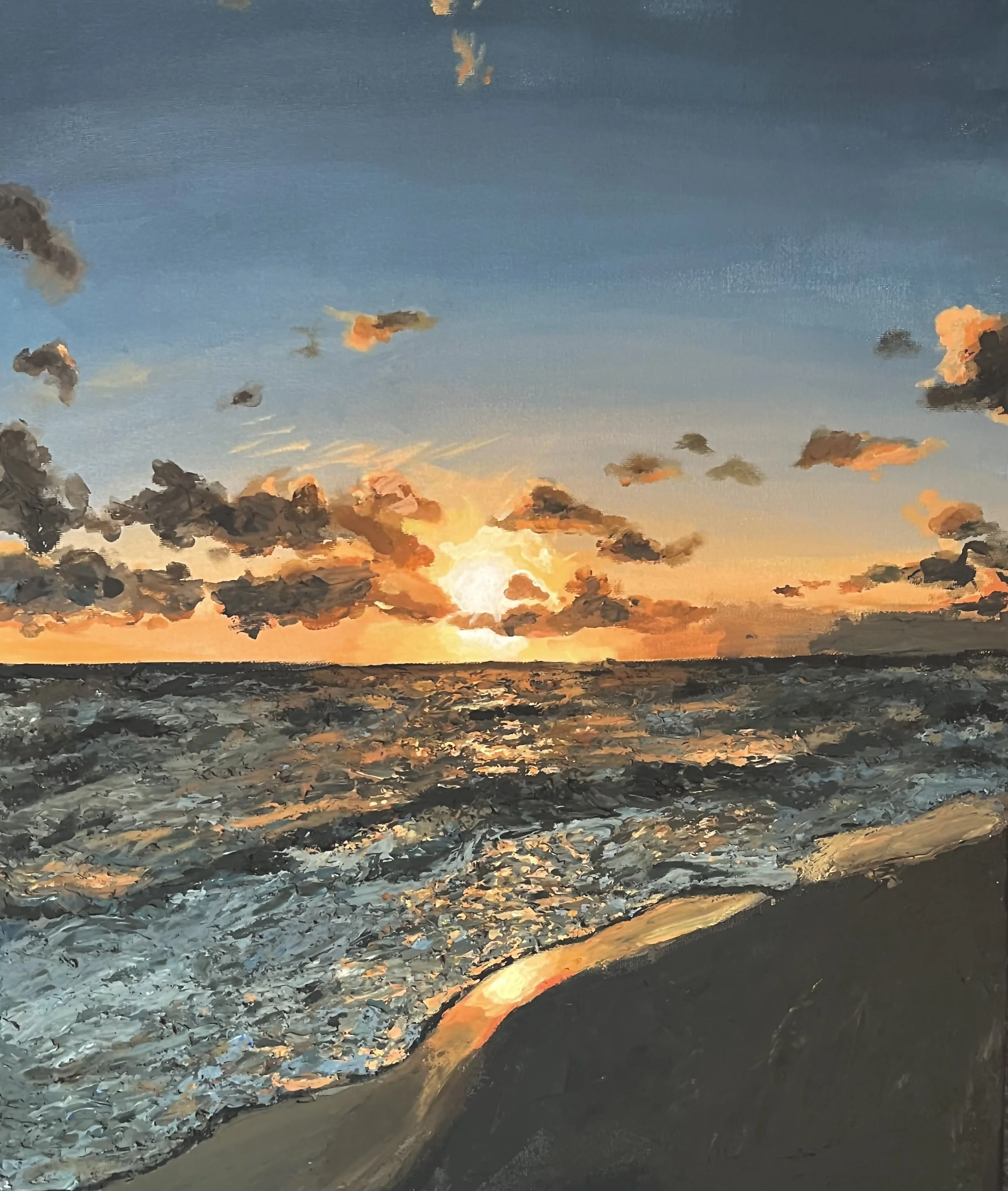 A painting of a sunset over the ocean with clouds in the sky and waves hitting the shoreline.