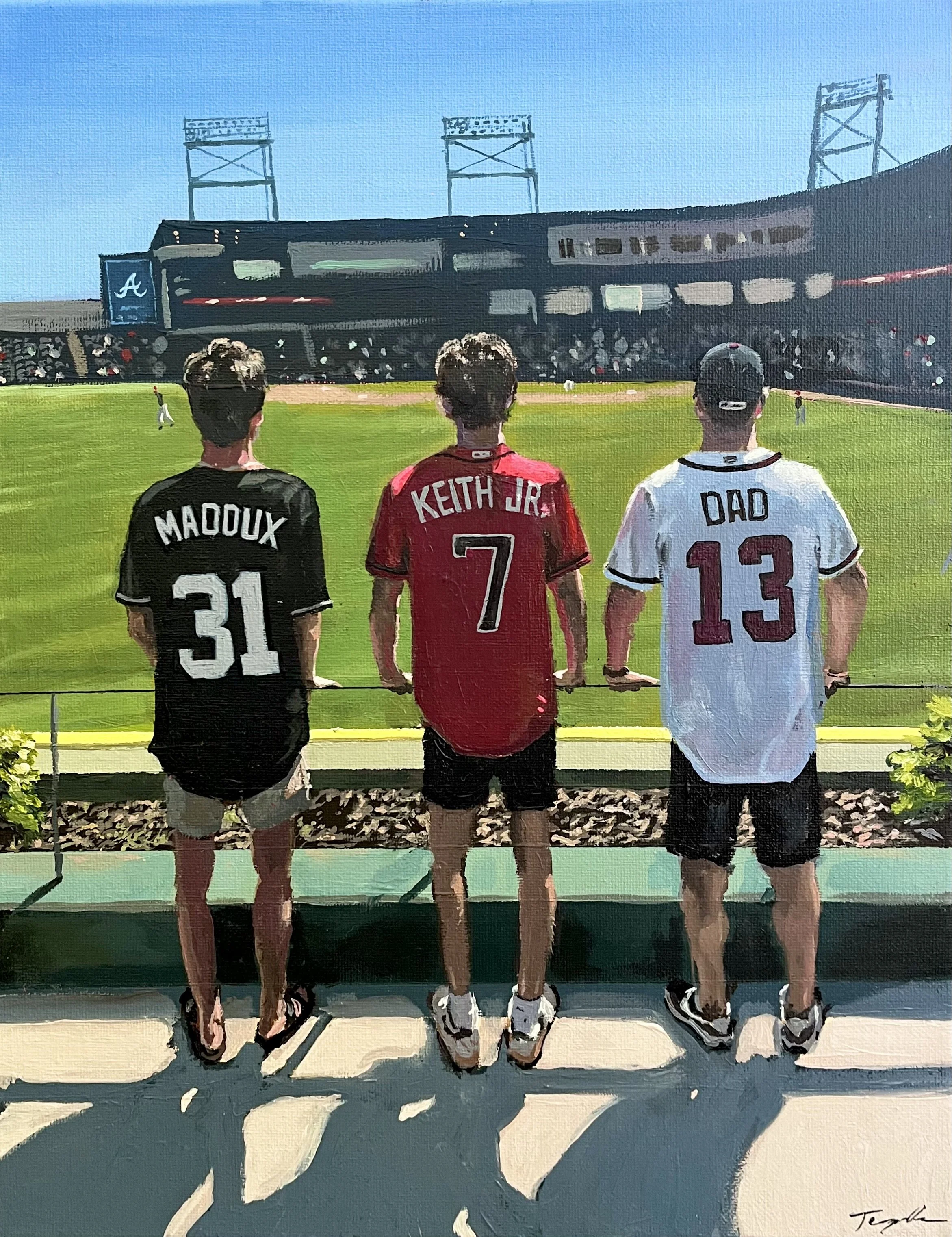 A painting of three boys standing side by side at a baseball stadium, watching a game. The boys wear jerseys with their names and numbers: Maddux (31), Keith Jr (7), and Dad (13).