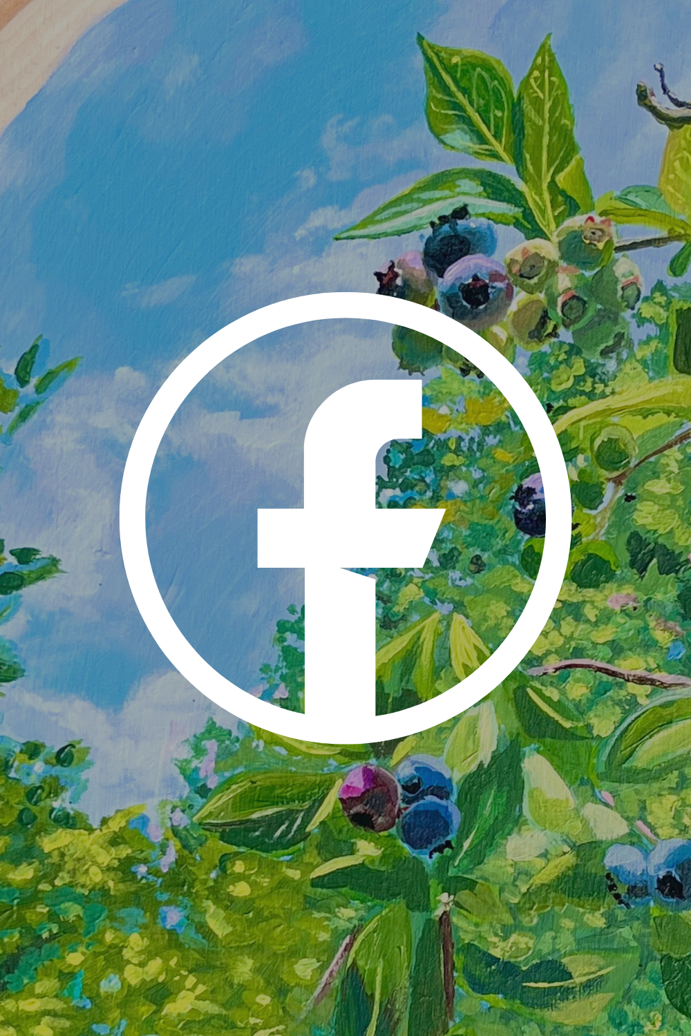 Painting of blueberries on a bush with green leaves, under a blue sky with clouds.
