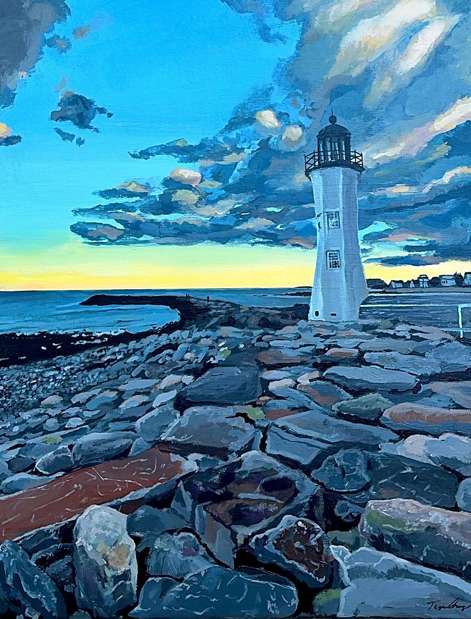 Painting of a lighthouse by the rocky shoreline during sunset, with dark clouds in the sky and a few people walking on the rocks.