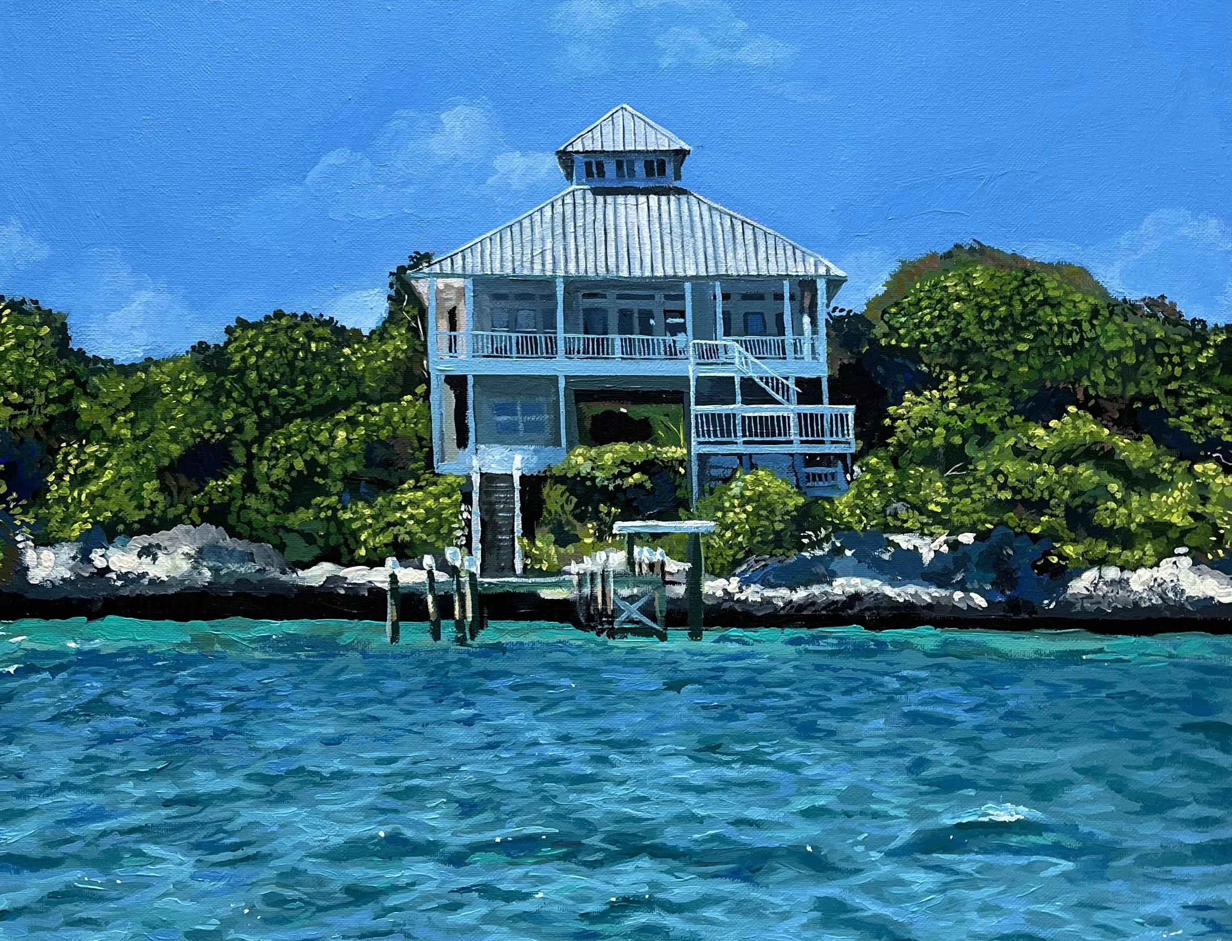 A painting of a white house with a metal roof on an island, surrounded by green trees and rocks. The house is built on stilts over the water with a dock in front. The sky is blue with some clouds.