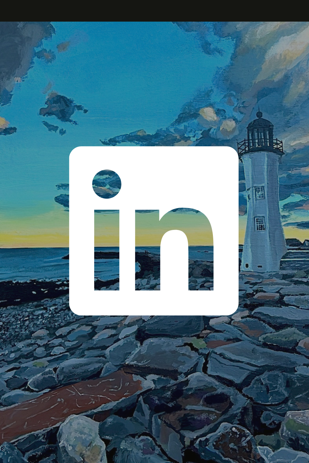 Painting of a lighthouse by the rocky shore during sunset, with a partly cloudy sky.