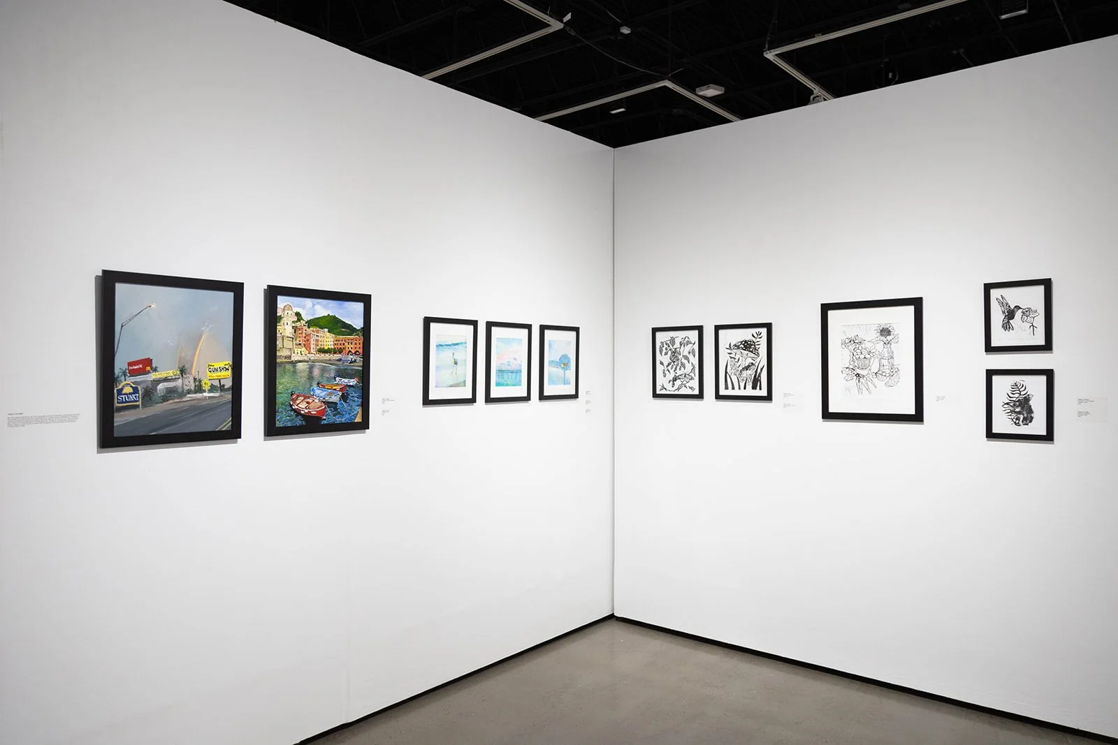 An art gallery with paintings on white walls, including colorful landscapes and black and white illustrations, displayed in black frames.
