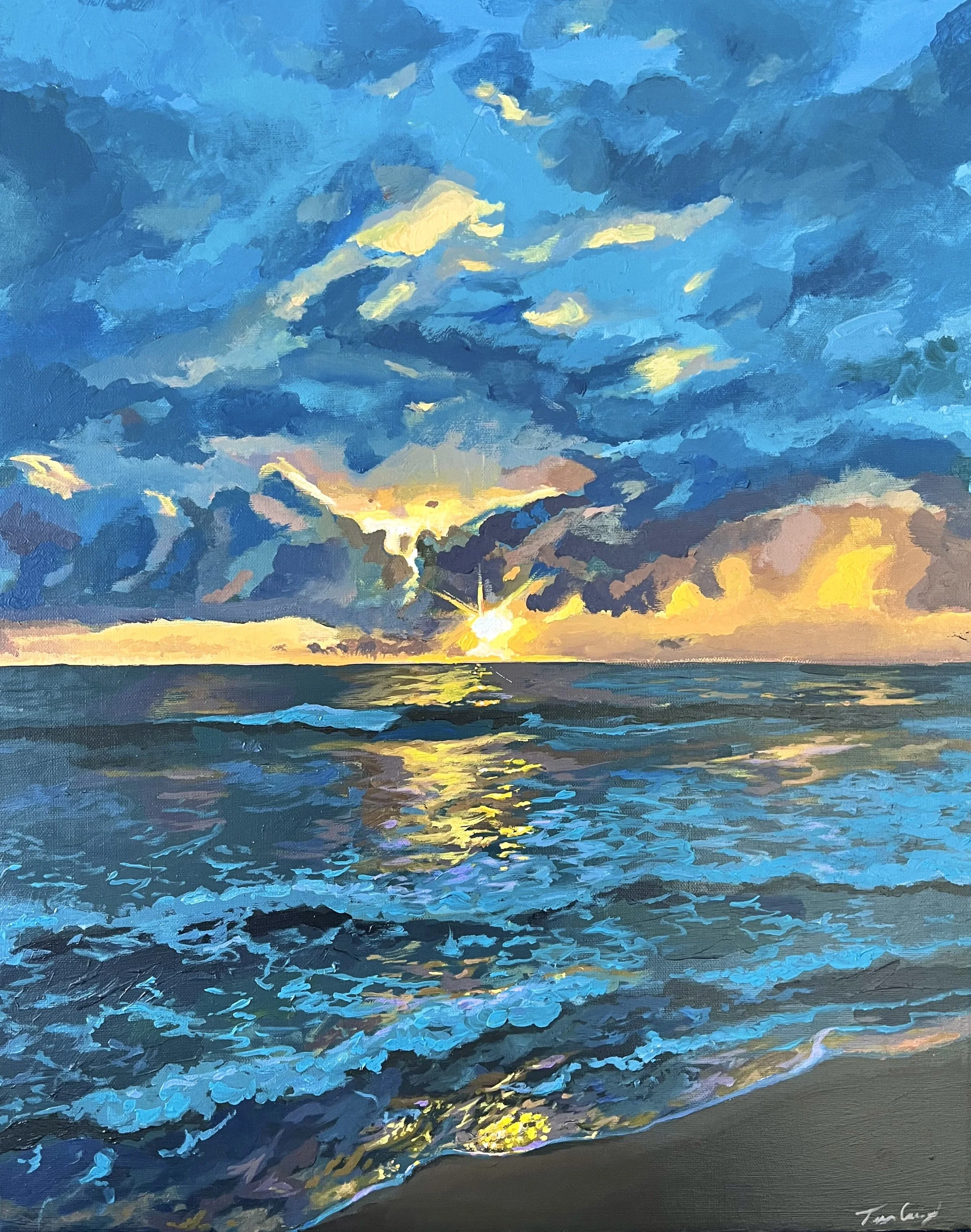 Painting of a sunset over the ocean, with vibrant blue, yellow, and orange clouds and reflections on the water.