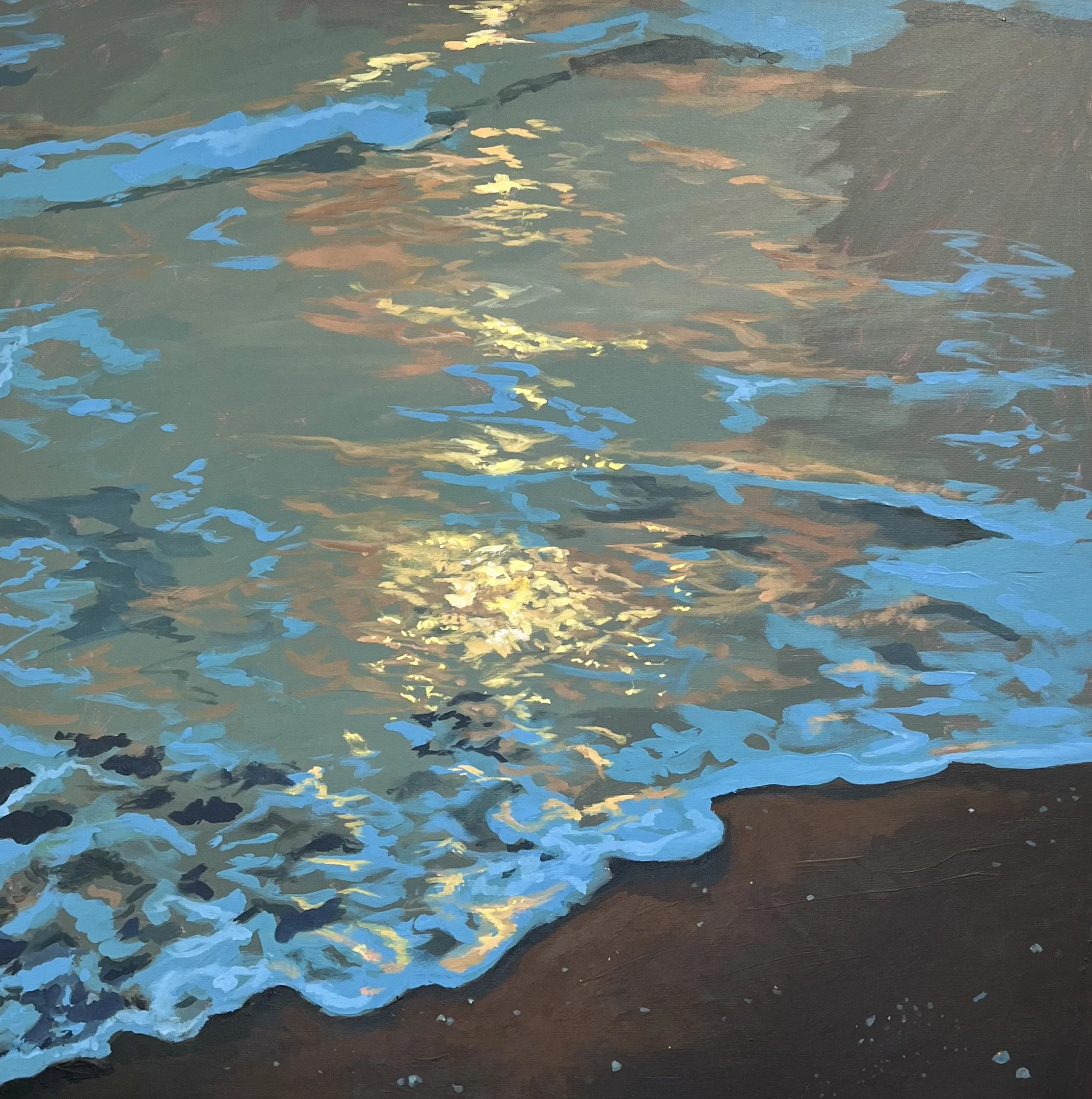 Painting of ocean waves reflecting sunlight on a sandy beach.