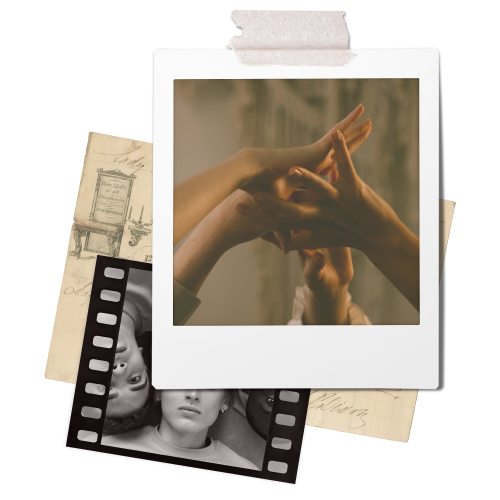 A Polaroid photo of two hands intertwined, with additional vintage photos and sketches layered underneath.