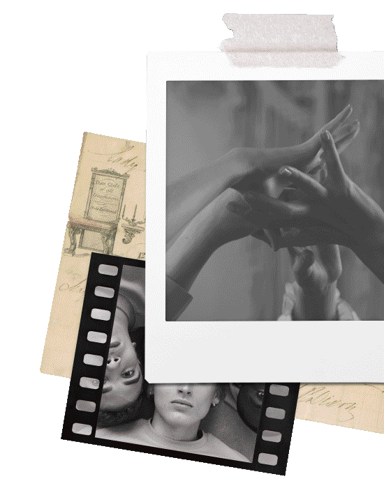 A collage of black and white photographs and a vintage sketch of a chair, with overlapping film strip borders.