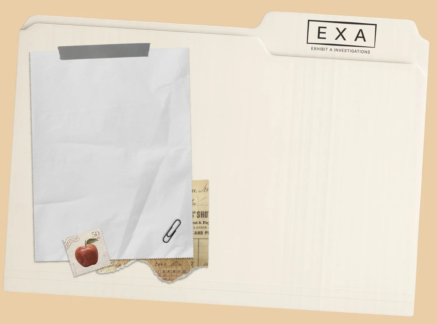 An investigation folder labeled 'EXA' with papers, a paperclip, an apple postage stamp, and torn pieces of paper inside.