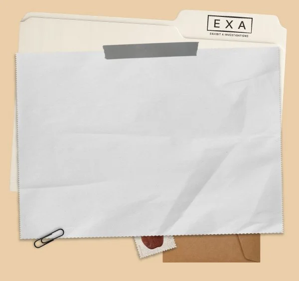 Investigation folder labeled "EXA" with white papers, a paperclip, a torn piece of paper, and a brown envelope on a beige surface.