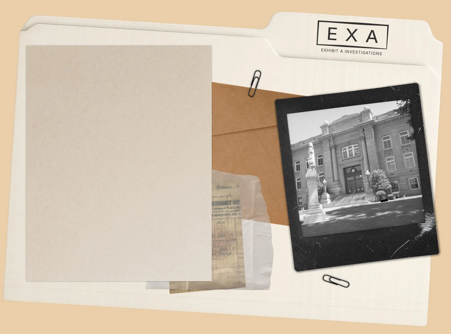 Investigation folder labeled 'EXA' containing a photograph of a historic building with statues in front, some paper documents, and paper clips on a beige background.