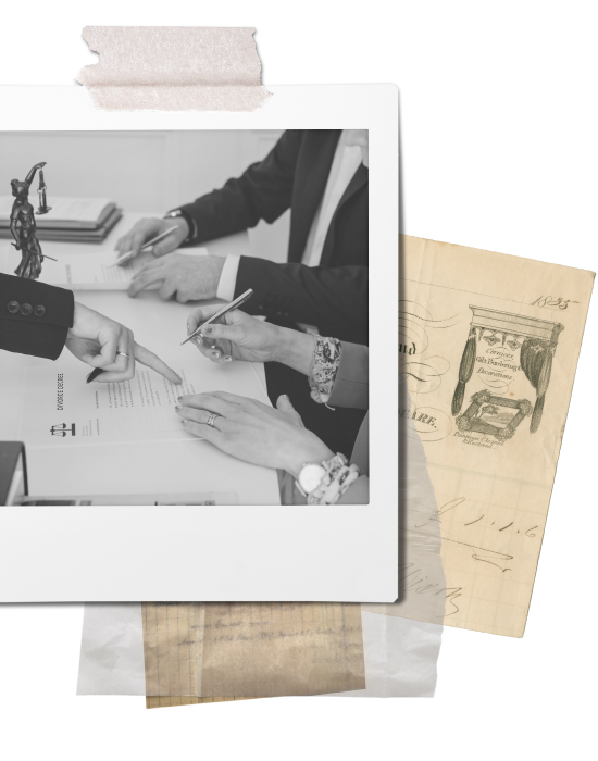 People in business attire discussing and pointing at documents on a desk, with vintage papers and a figurine in the background.