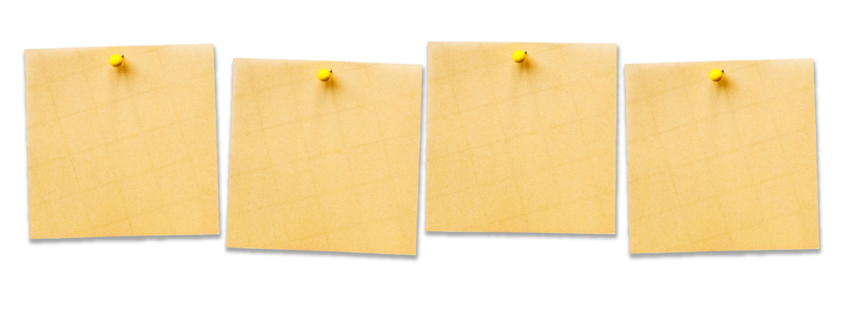 Four blank yellow sticky notes attached to black background with yellow pushpins.