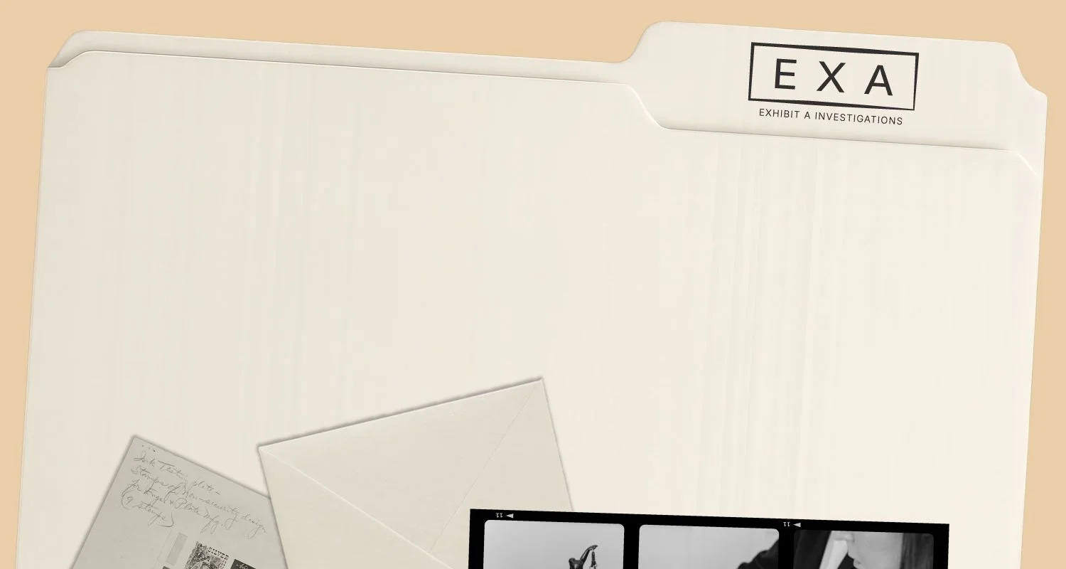 A large manila folder labeled "EXA" with the subtitle "Exhibit & Investigations" at the top right corner. Inside the folder, there is a handwritten note, an envelope, and a black-and-white photo strip showing three images of a person holding a camera, positioned at the bottom of the scene.