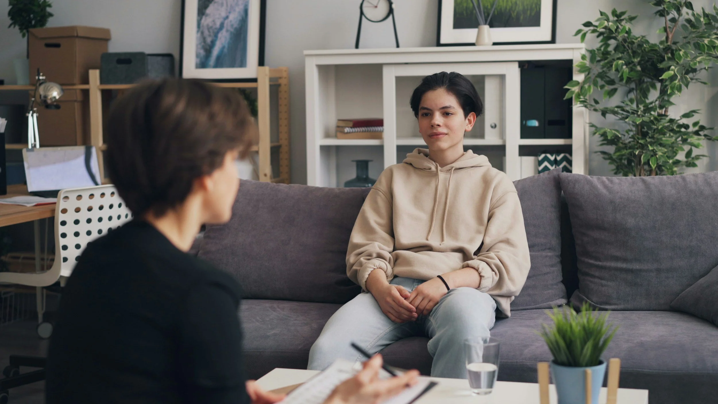 A woman in a black shirt and short brown hair sits on a white chair taking notes, while a young woman with short dark hair wearing a beige hoodie and light jeans sits on a gray couch in a living room, facing the woman and engaging in conversation. The room has a white bookshelf, potted plant, and wall art in the background.