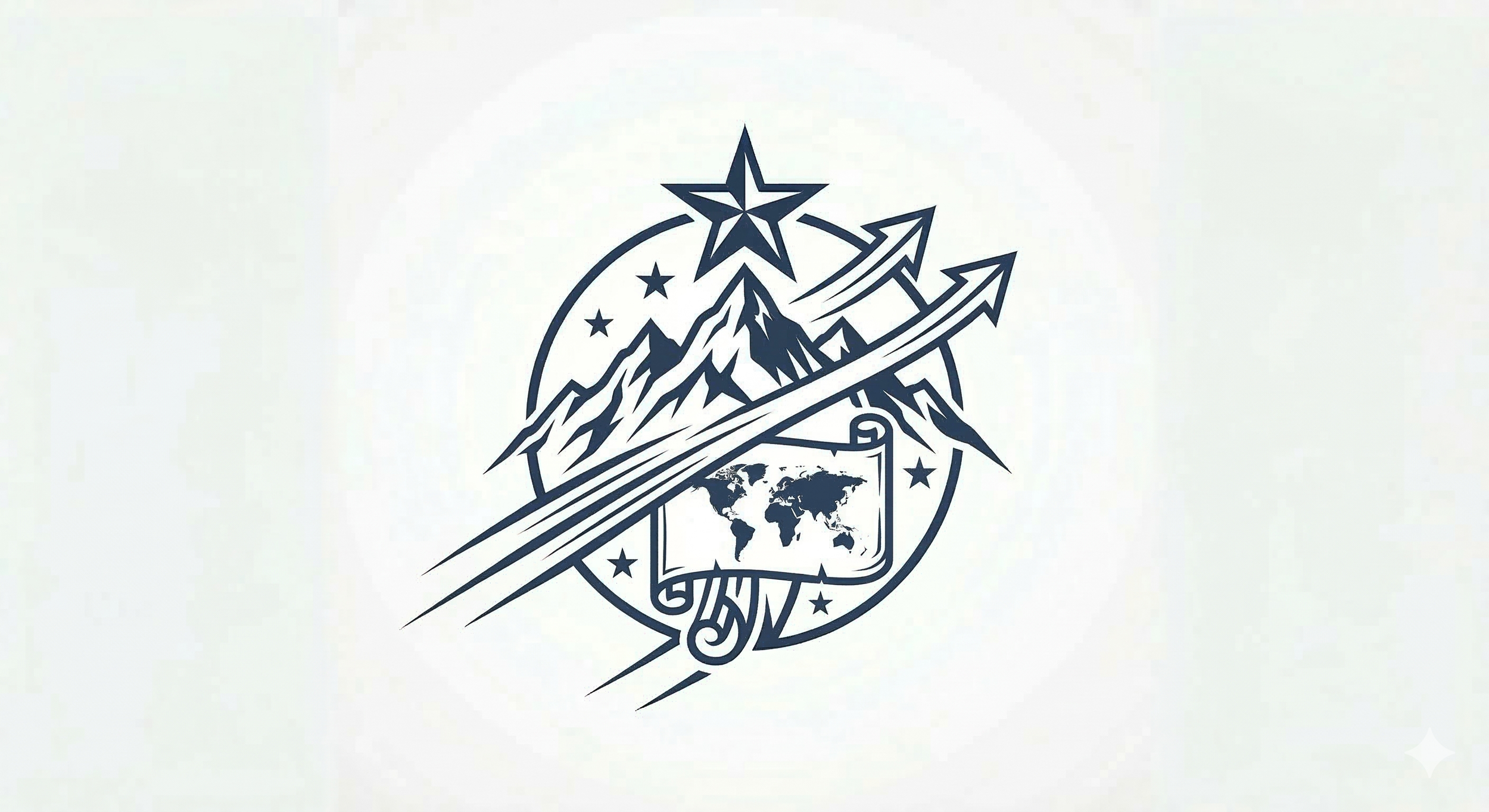 A stylized emblem featuring mountains, a large star above, a world map inside a scroll at the bottom, and multiple smaller stars around, all in dark blue lines on a white background.
