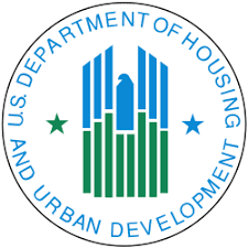 U.S. Department of Housing and Urban Development logo with a blue and green skyscraper illustration surrounded by a circular blue border.