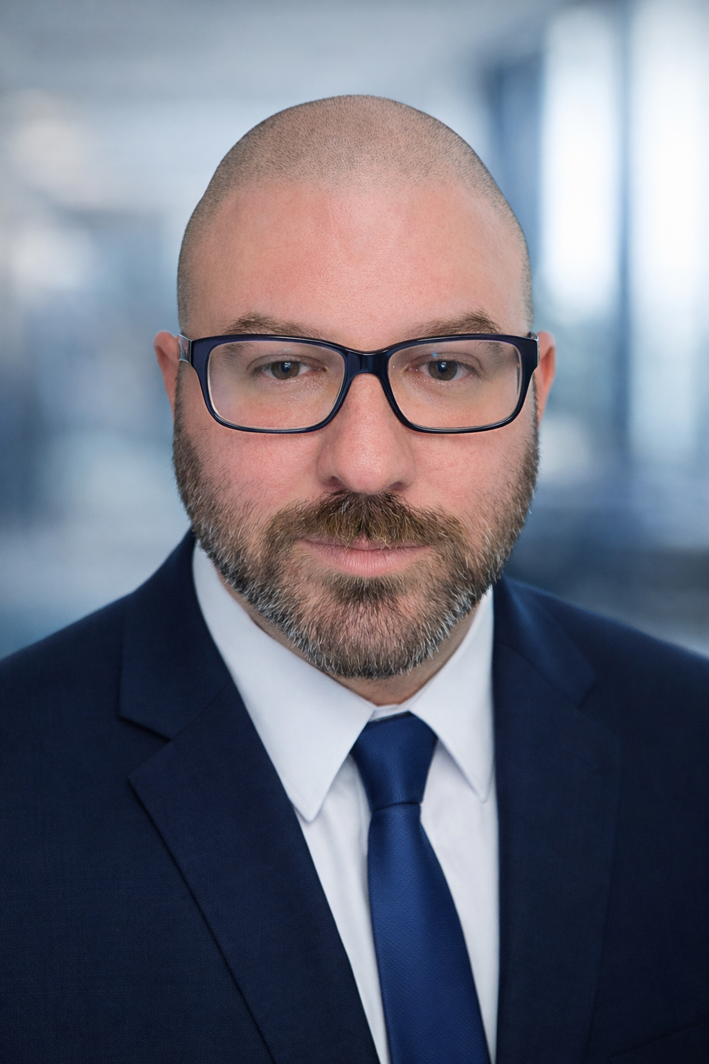 A man with glasses, a bald head, and a beard, wearing a dark suit, white shirt, and blue tie, looking directly at the camera with a blurred office background.