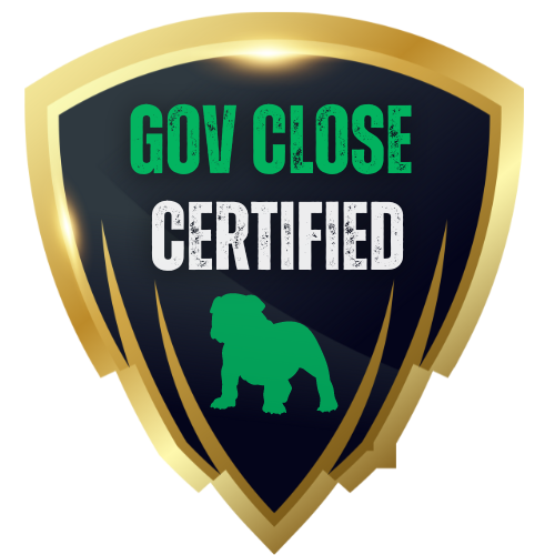 A badge with a black shield shape, gold border, green and white text saying 'GOV CLOSE CERTIFIED', and a green silhouette of a bulldog at the bottom.
