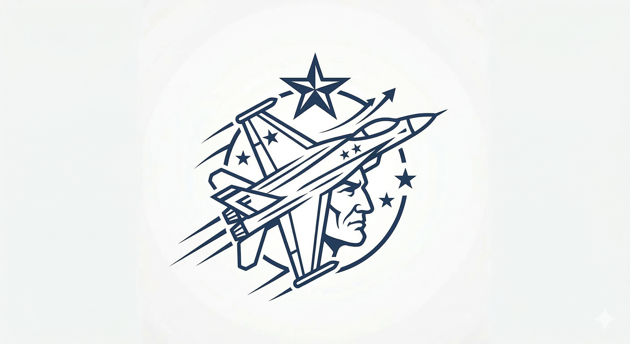 A graphic illustration of a military pilot wearing a helmet with a plane and a star in the background, featuring a Native American profile and a star at the top.