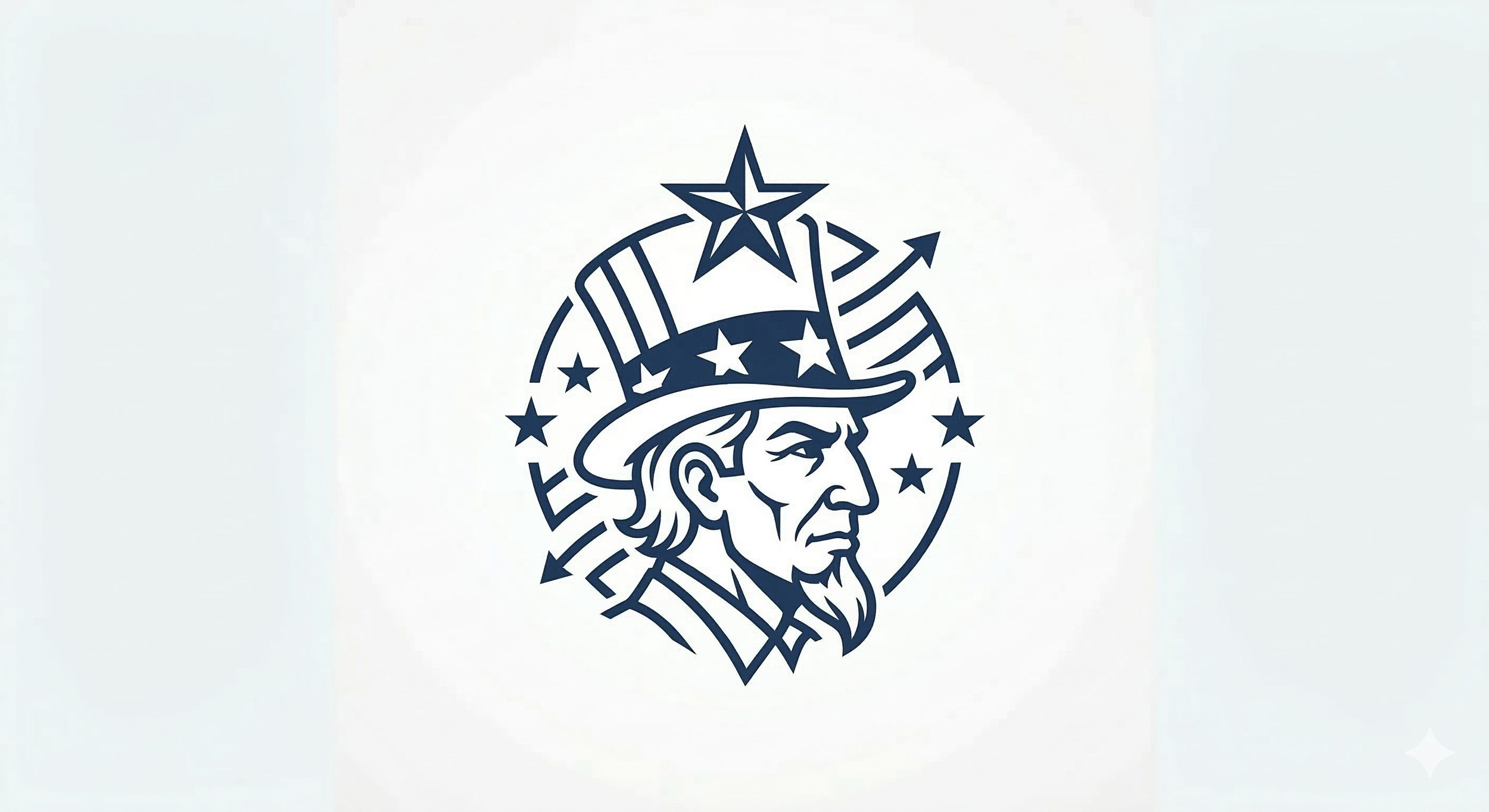 A stylized graphic of Uncle Sam wearing a tall hat with stars and stripes, surrounded by more stars and an arrow, with a star at the top.