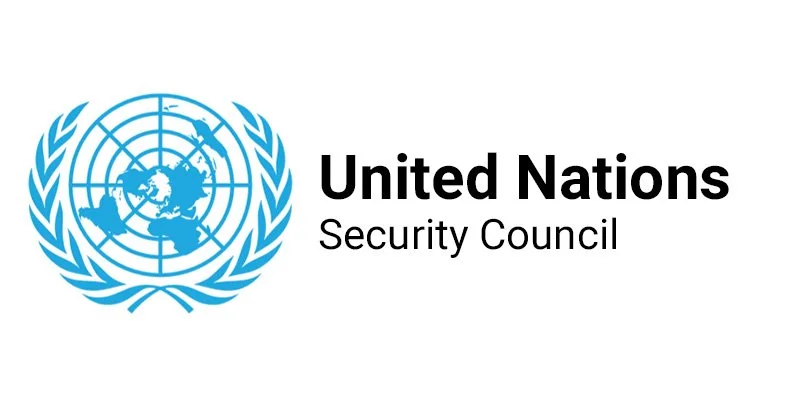 United Nations Security Council logo with a blue emblem of a world map surrounded by olive branches and the text 'United Nations Security Council'.