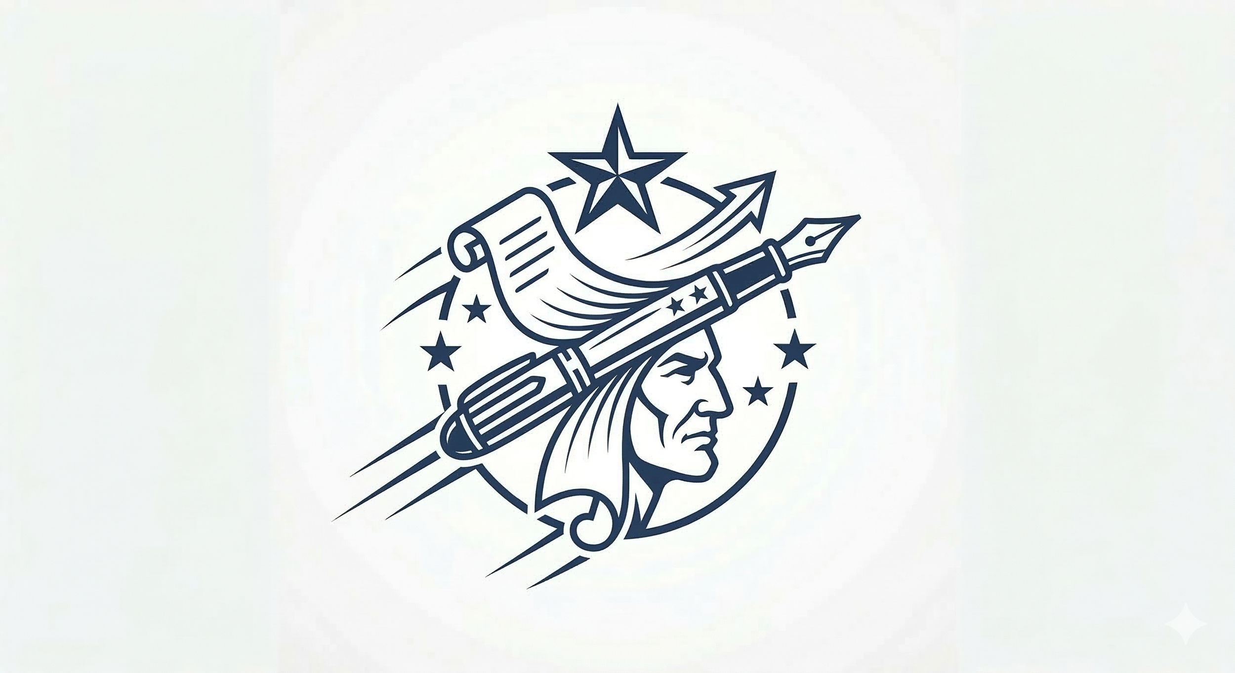 Illustration of a woman with long hair wearing a helmet shaped like a crescent moon, with a fountain pen crossing in front of her face, surrounded by stars and a compass star at the top.