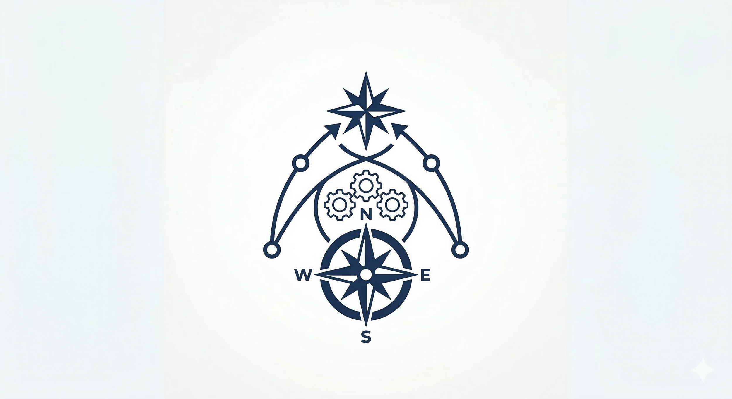Illustration of a group of navigation and engineering symbols, including compasses, gears, and arrows, arranged in an abstract, geometric design.