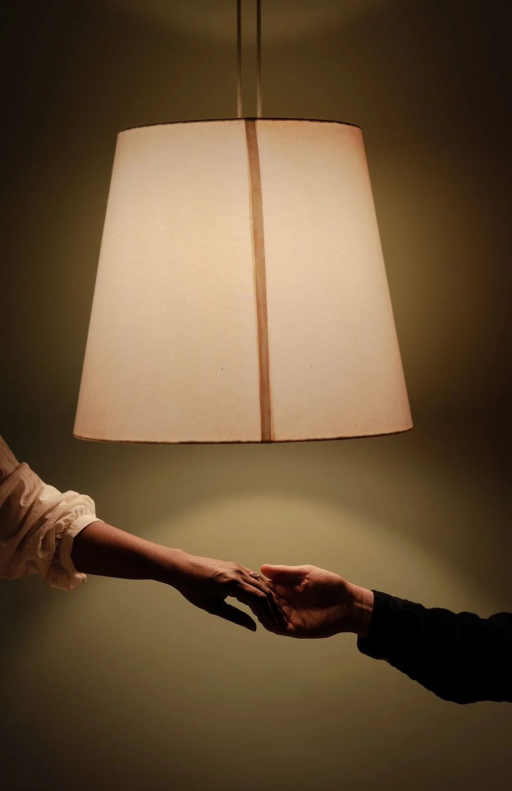 A photograph of a couple reaching out their hands under a lampshade guided by Darius 