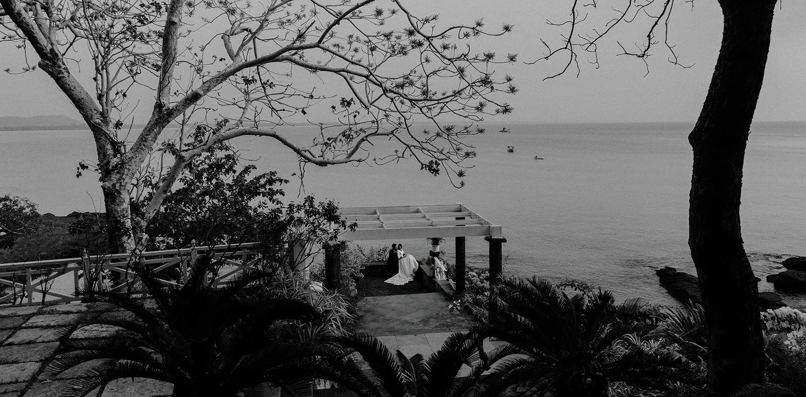 A photograph of the bride and groom taken from a distance with the trees framing them 