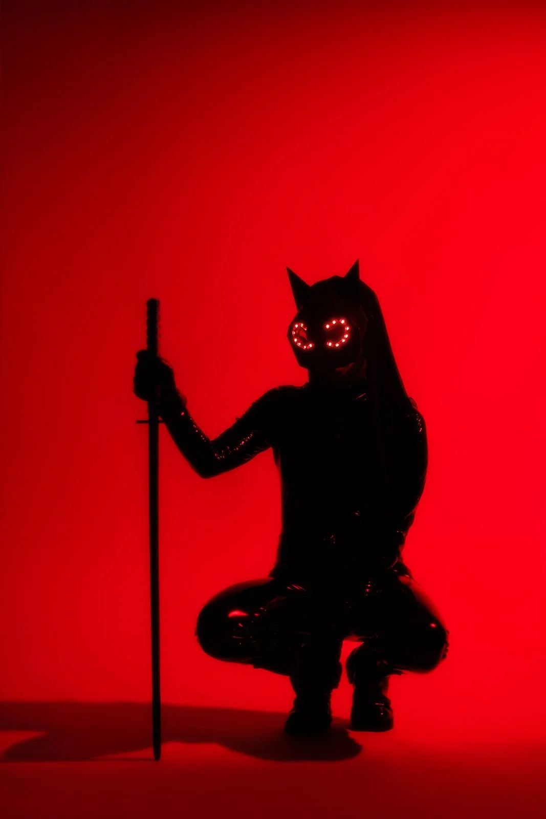 A creative portrait of a lady with a mask holding a sword and with her mask lit up around the eyes 