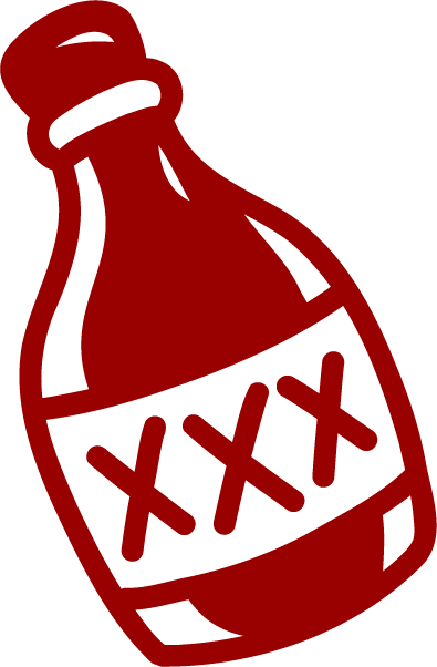 A red cartoon-style bottle with a label that has two large X's on it.