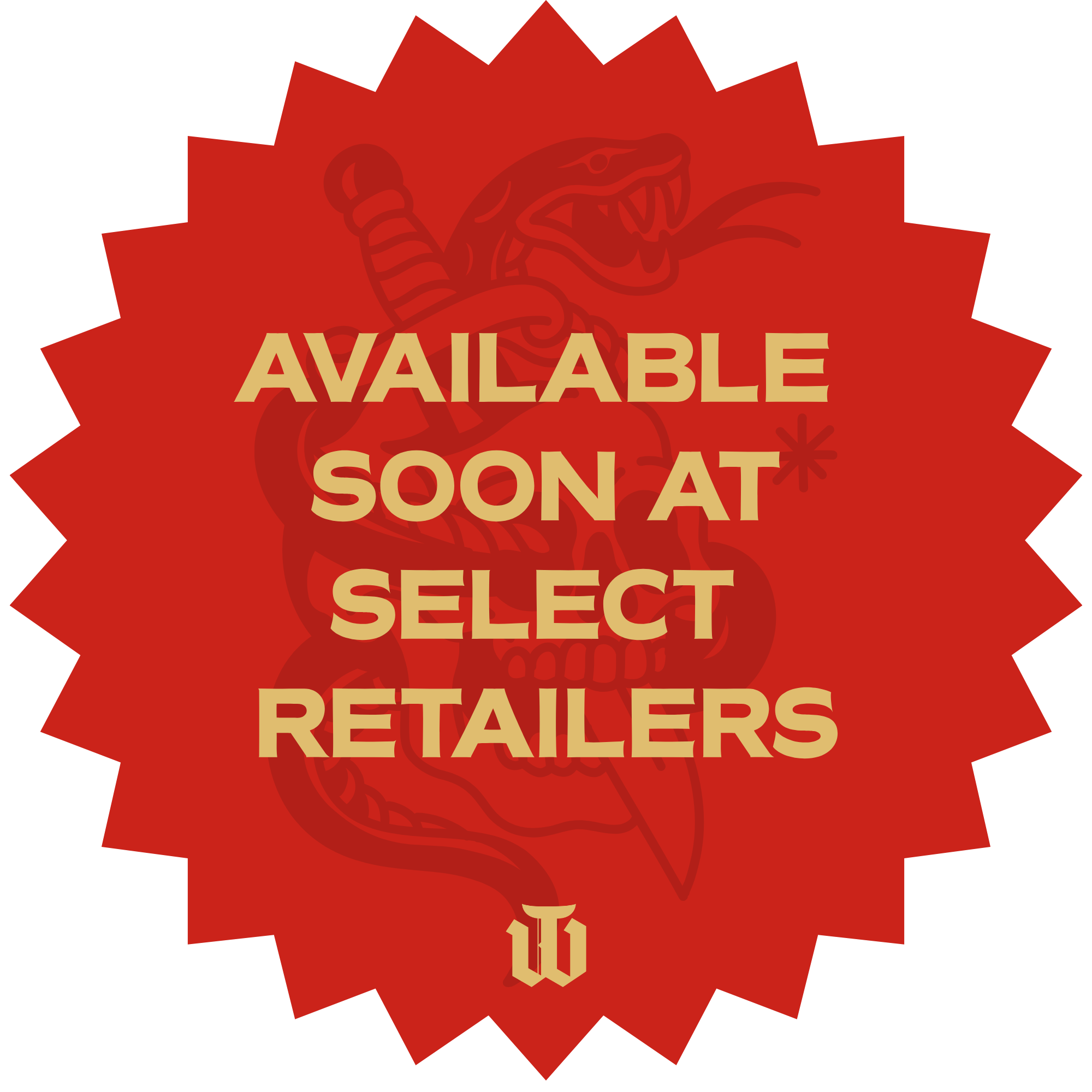 Red badge with a stylized dinosaur head and the text 'Available Soon at 10 Retailers' in beige letters.