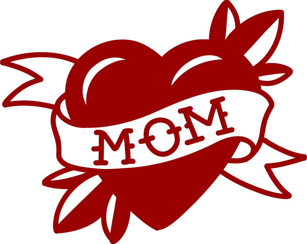 A red heart with a banner across it reading "MOM," surrounded by stylized leaves or flames.