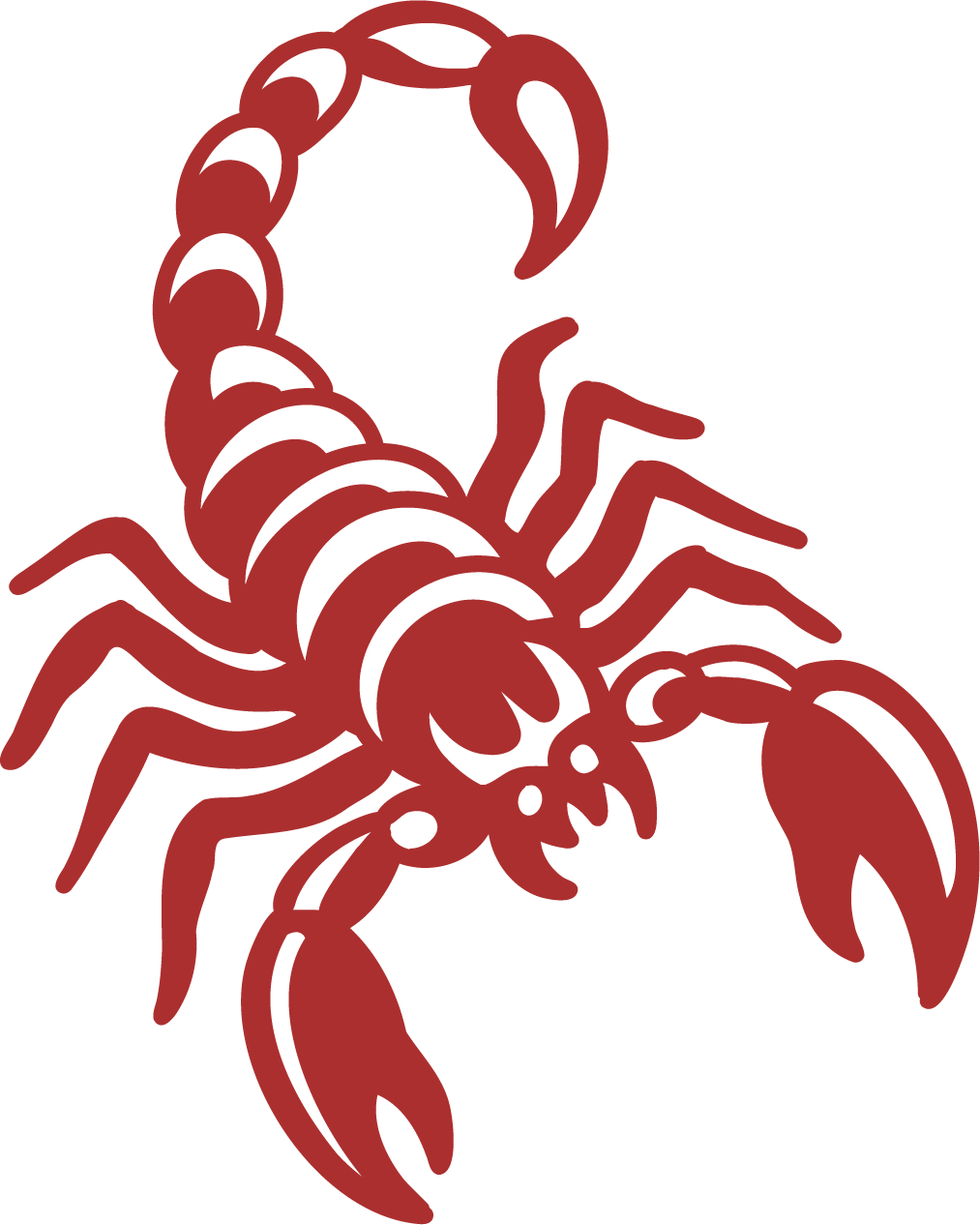 Red and black graphic illustration of a scorpion with detailed claws and segmented tail.