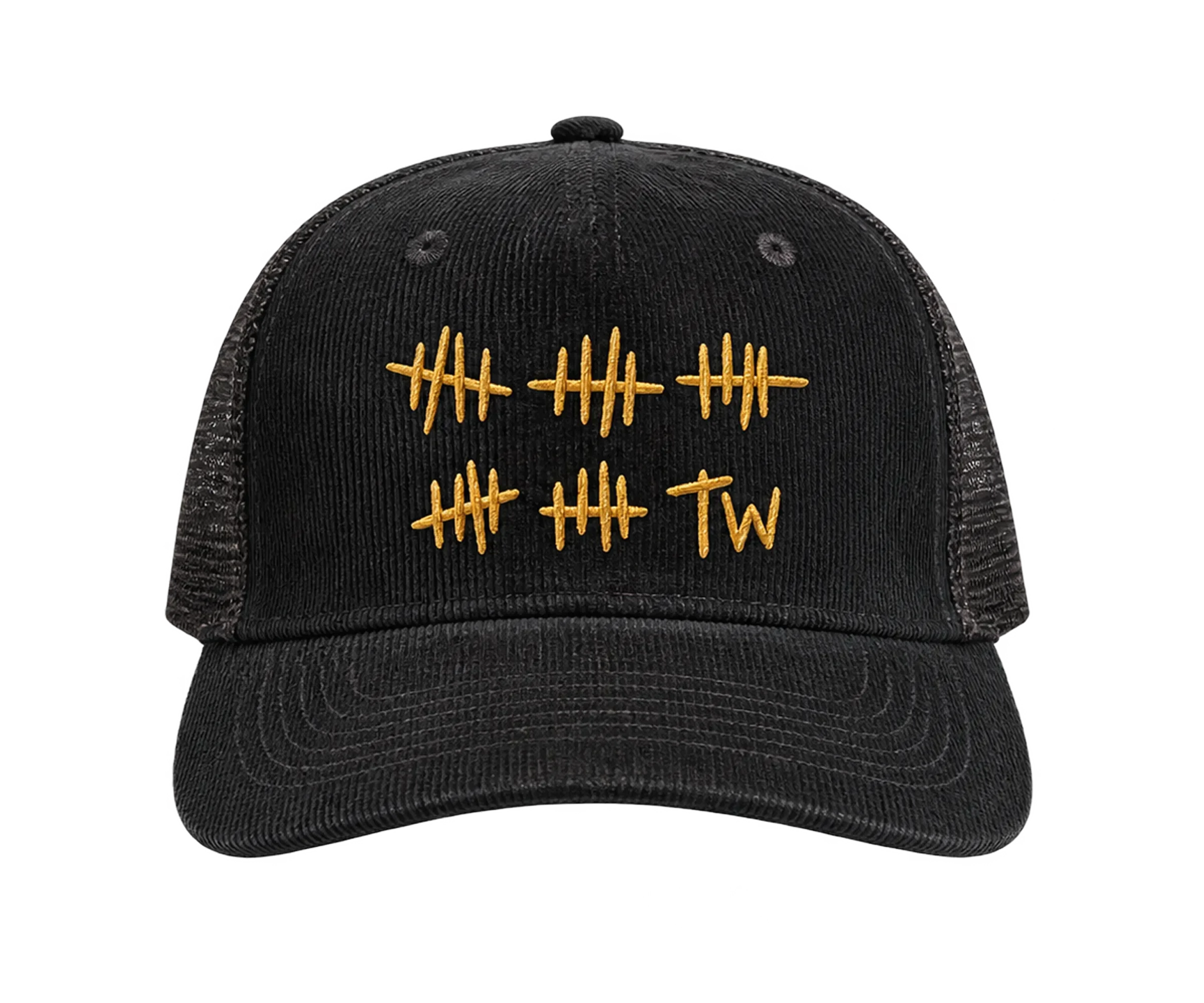 Toilet Wine black corduroy trucker cap with gold embroidered tally marks and TW initials, featuring a black mesh back.