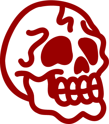 A red outline of a human skull.
