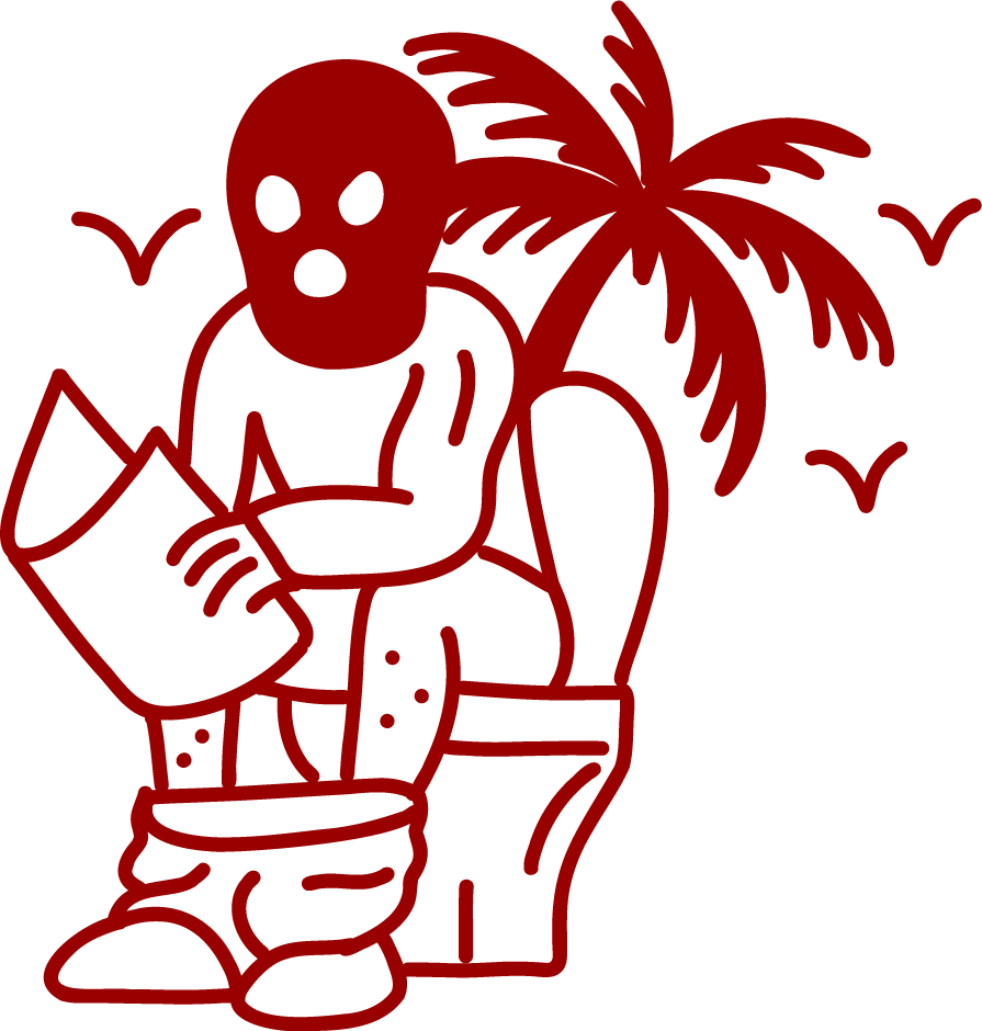 Red line drawing of a skeleton with a skull for a head, sitting on a toilet, reading a newspaper, with a palm tree and birds in the background.