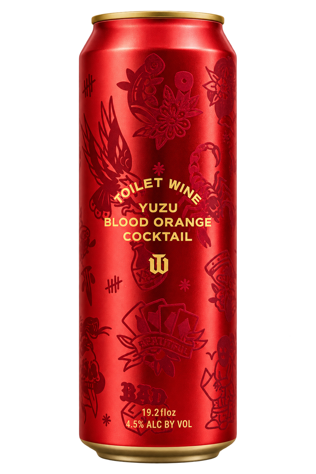 Toilet Wine Yuzu Blood Orange ready-to-drink wine cocktail in a metallic red can with gold accents and tattoo-inspired illustrations.