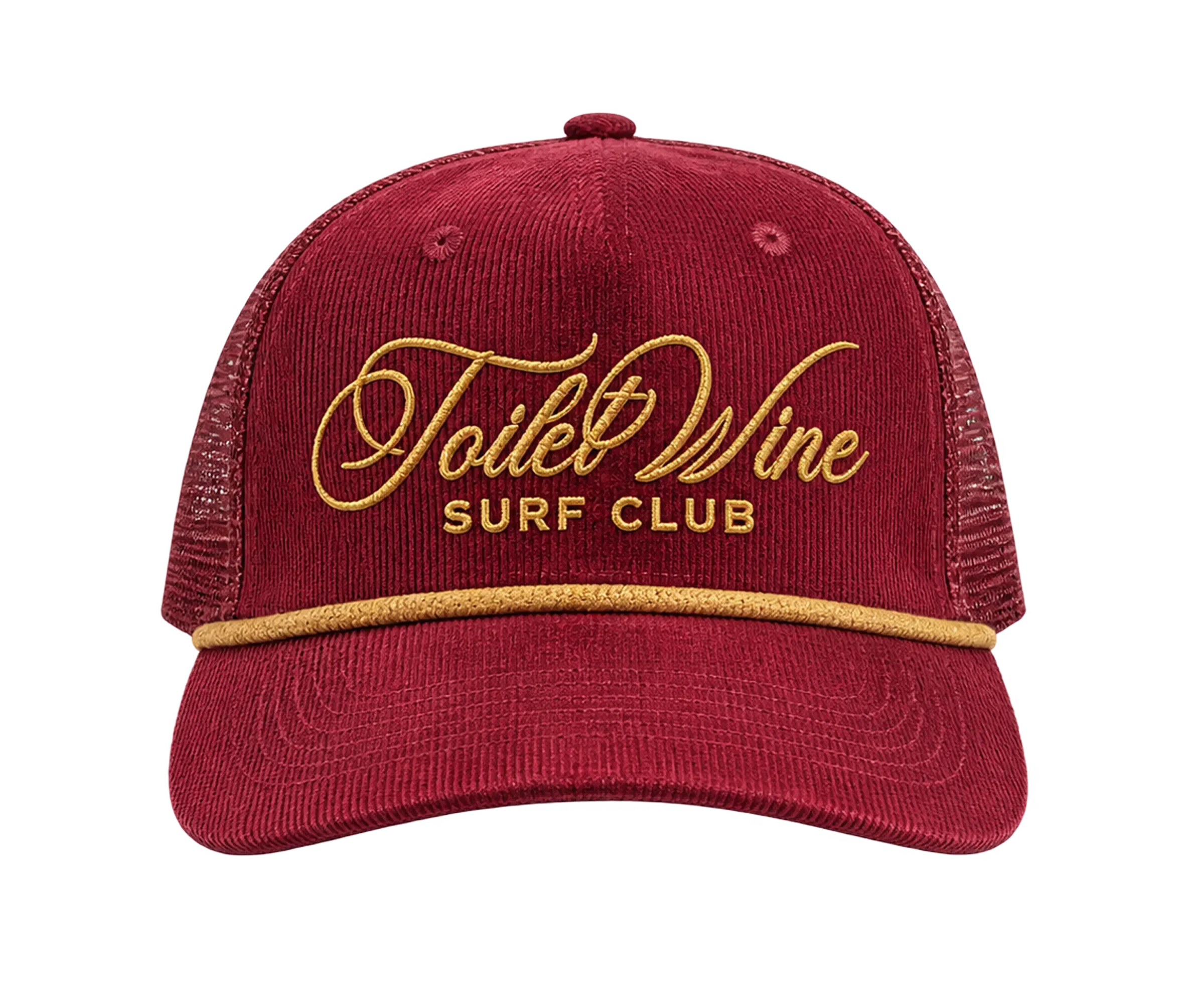 Red Toilet Wine Surf Club corduroy cap with gold embroidered lettering and decorative gold rope detailing.