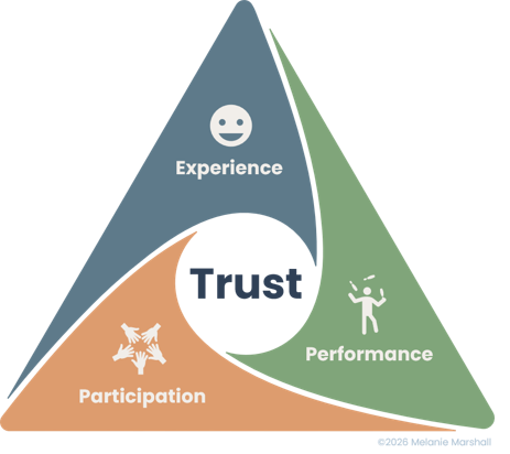 Trust is formed through a triad of Experience, Participation, and Performance