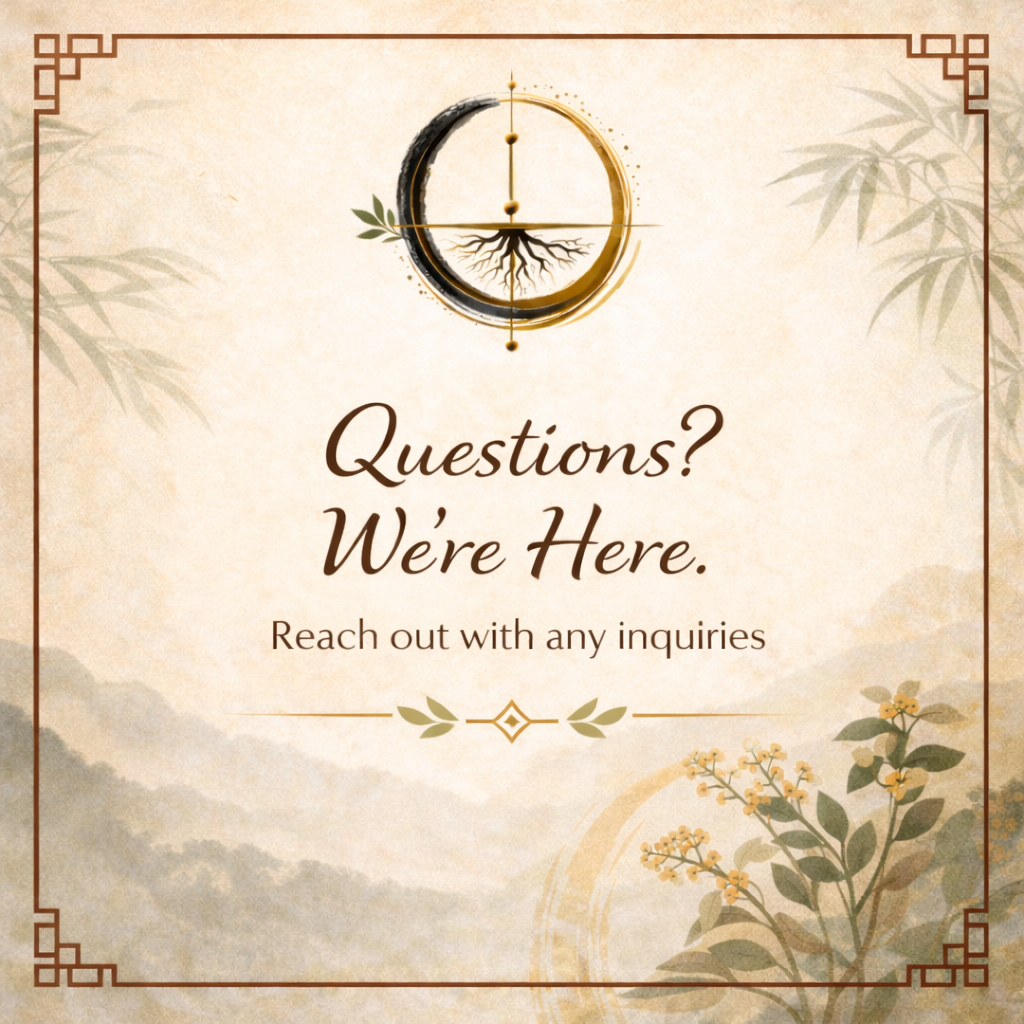 A decorative sign with a yin-yang symbol at the top, featuring a tree with roots inside the circle. The background has a traditional Asian design with bamboo and floral patterns. The text reads 'Questions? We're Here. Reach out with any inquiries.'